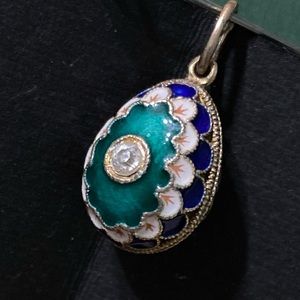 Vintage Russian Blue Green White Enamel Easter Egg Sterling Pendant Charm .75"